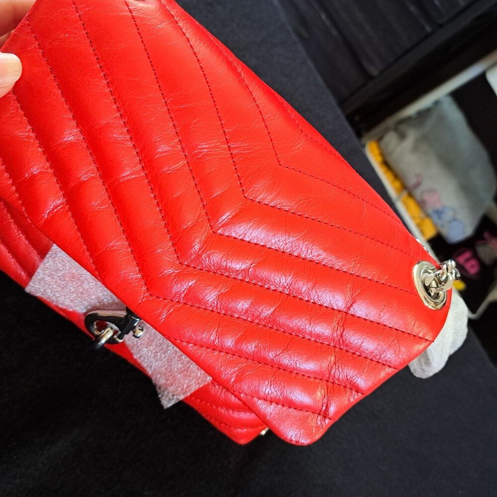 Rebecca Minkoff Crossbody Bag Red Chevron Quilted Leather Silver Chain Hardware - Picture 14 of 14